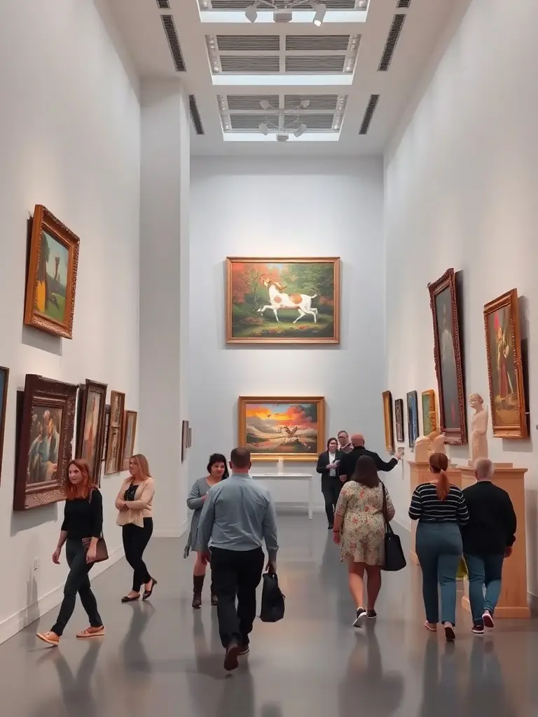 A captivating photo of an art exhibition hosted by TANDEM, displaying a diverse range of artworks and visitors appreciating the displays.