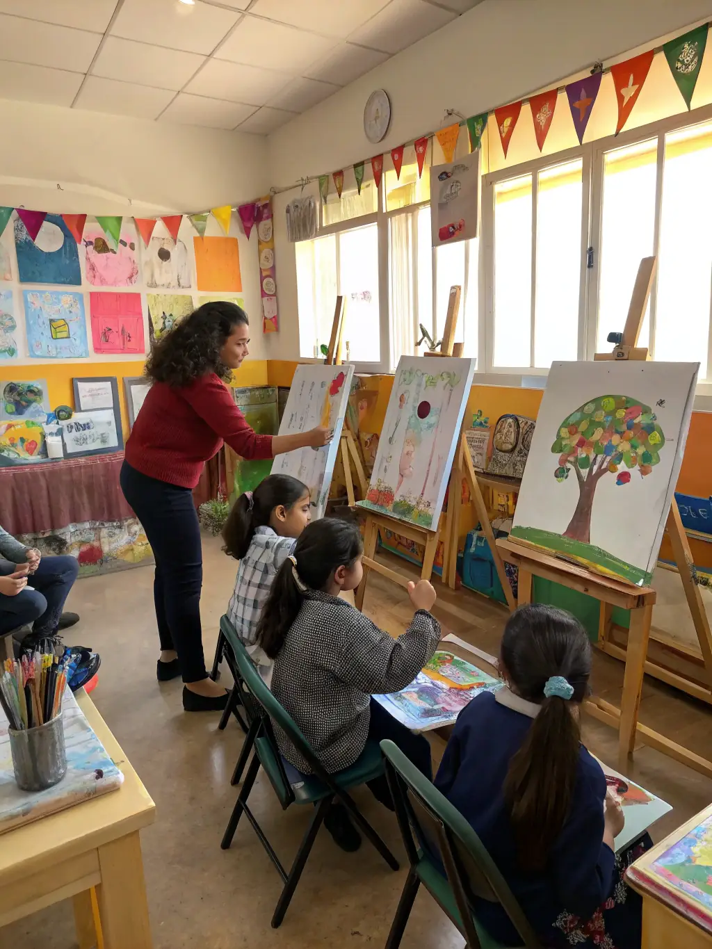 A heartwarming photo of children participating in a TANDEM-sponsored arts program at a local school, showing them creating artwork with guidance from instructors, illustrating TANDEM's dedication to arts education for youth.