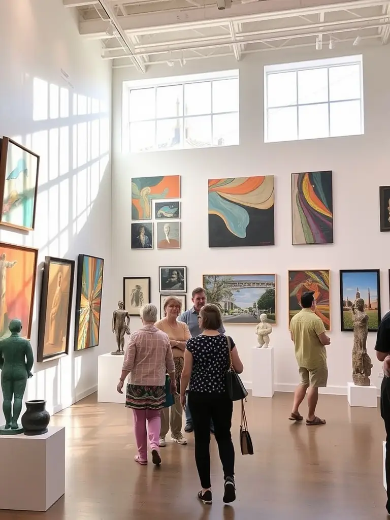 A captivating shot of an art exhibition organized by TANDEM, displaying a diverse range of artworks from local artists, with visitors admiring the pieces, emphasizing TANDEM's role in promoting artistic expression.