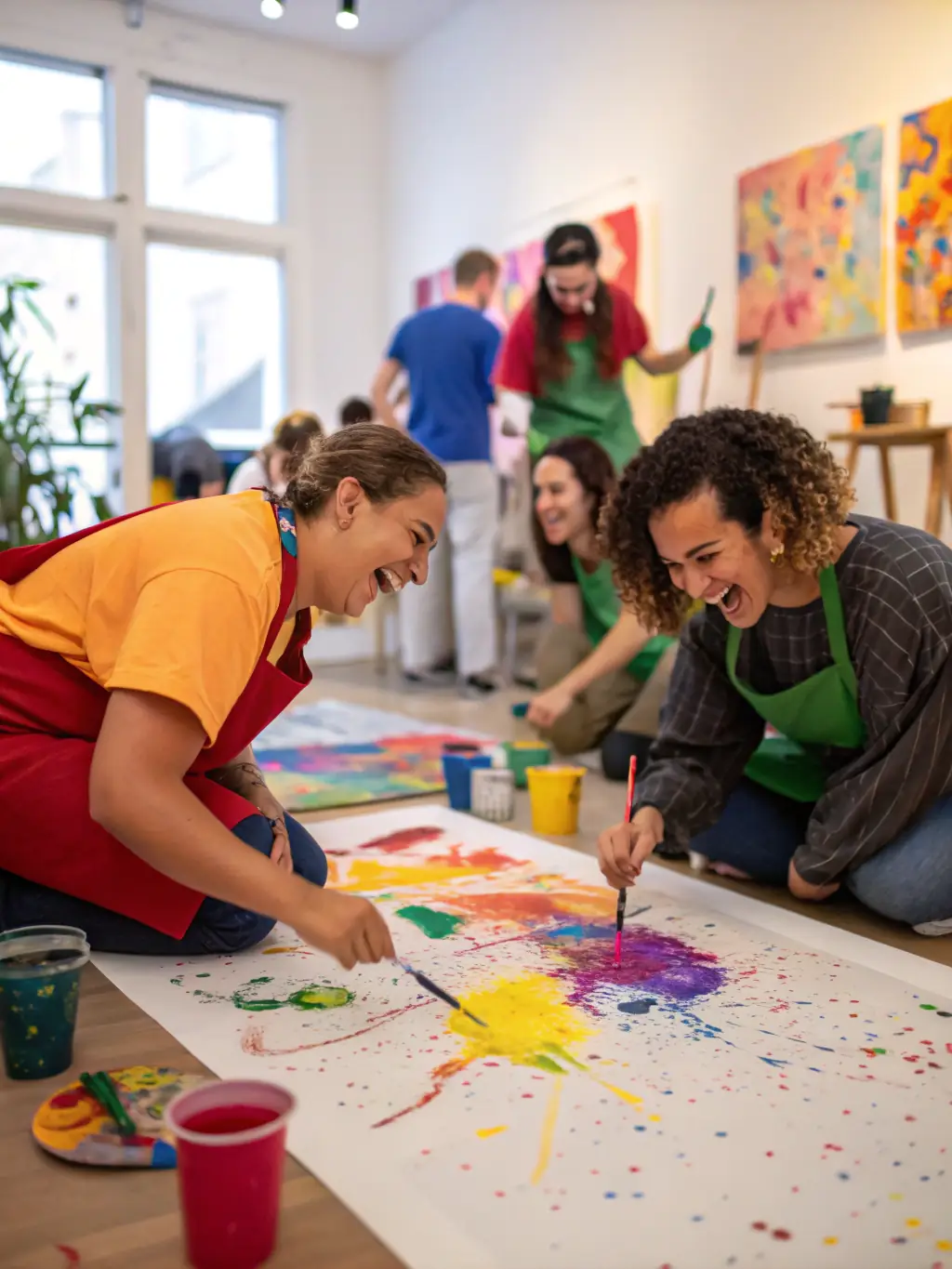 A colorful image of an art workshop in progress at TANDEM, with participants of all ages engaged in painting and creative activities.