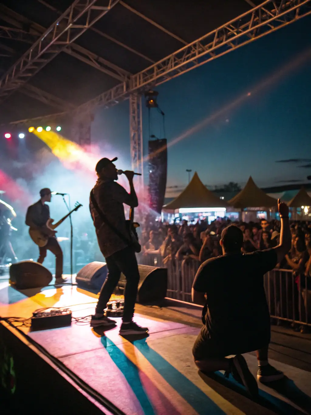 A vibrant photograph capturing a live music performance at a TANDEM event, showcasing a local band on stage with an enthusiastic audience in an outdoor setting.